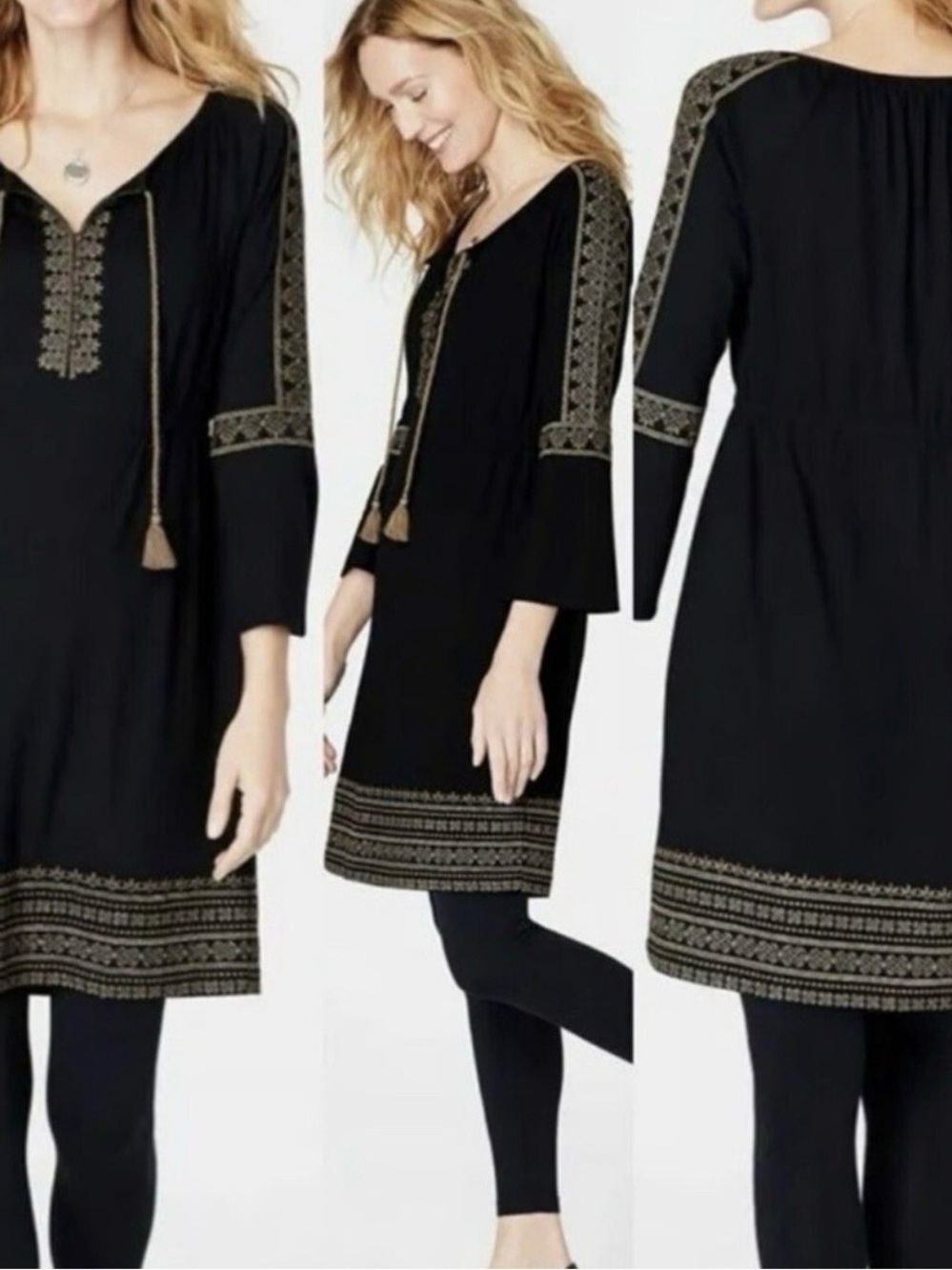 J. Jill Black Tunic with Gold Embroidery and Tassel Detail